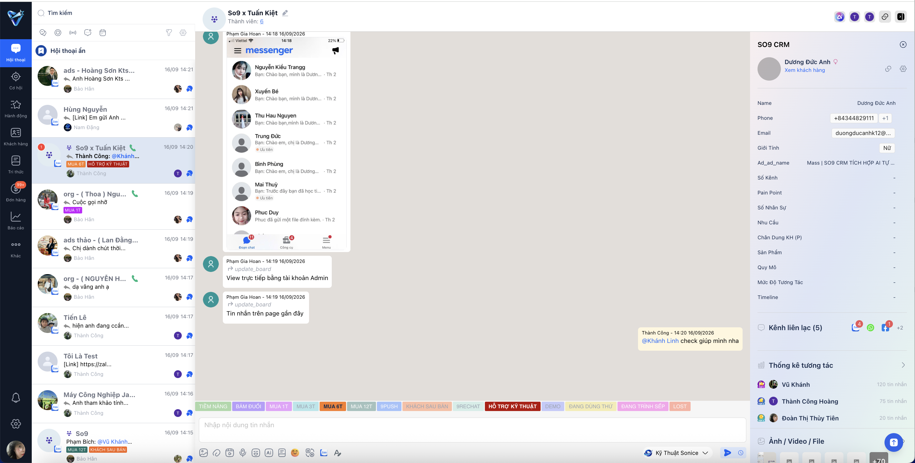 Tập trung hội thoại từ nhiều kênh như Facebook, Zalo OA, Zalo cá nhân, TikTok, Instagram và WhatsApp.